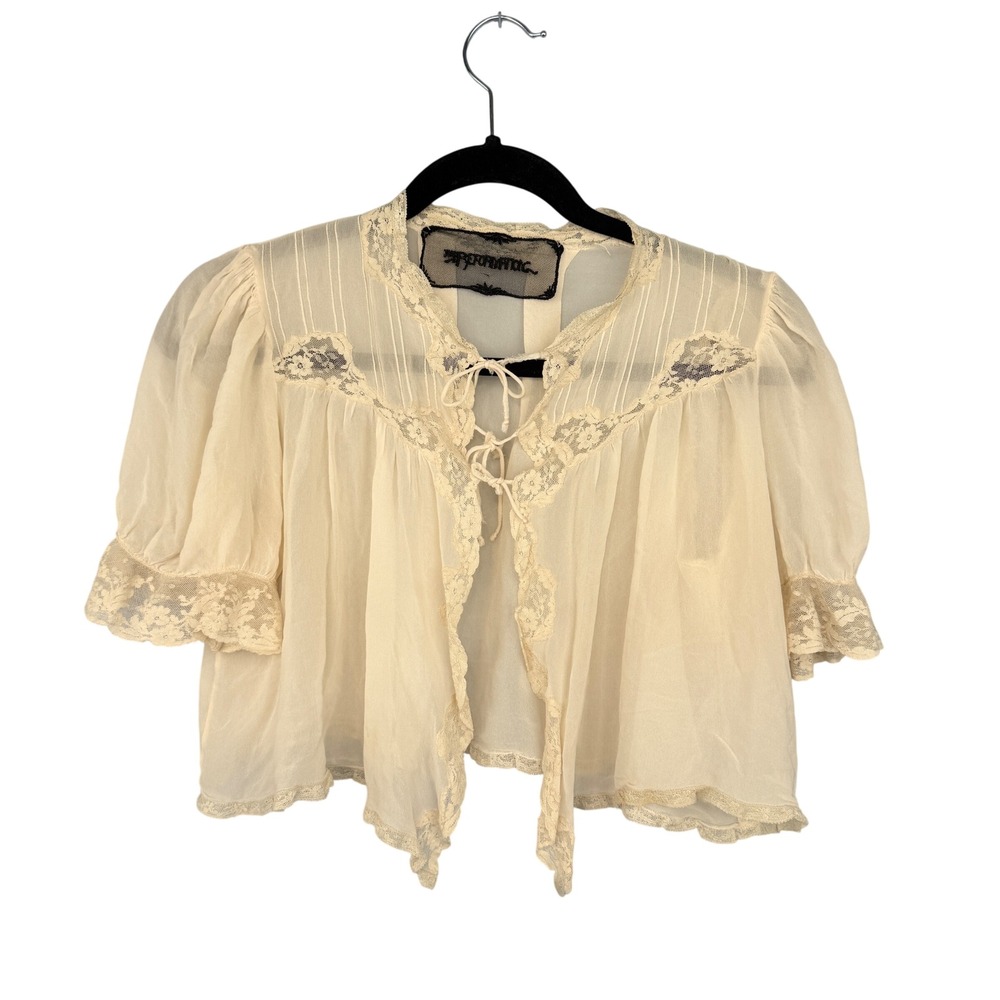 Reformation Bolero Cardigan Women S Cream Lace Trim Sheer Puff Sleeve Tie Front